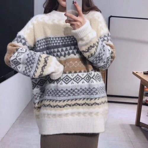 Woman Sweaters Chandails Womens Round Neck Pullover Rhombus Sweater Autumn Winter Loose Sweater
