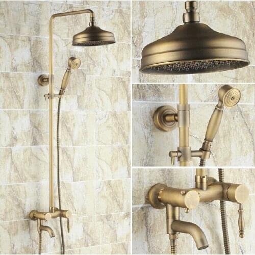 Vintage Retro Antique Brass Single Handle Bathroom 8 Inch Round Rain Shower Faucet Set Bath Tub Mixer Tap Hand Shower mrs153
