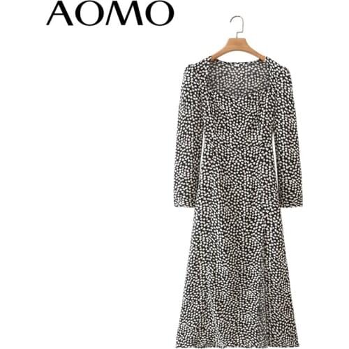 AOMO 2021 Fashion Women Geometry Print Boho Long Dress Puff Long Sleeve Square Collar Ladies Vintage Dress 2M166A