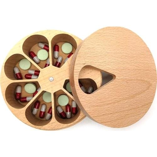 1PC Pill Case Storage Box Solid Wood Pill Box Compartment Weekly Medicine Tablet Dispenser Splitters 7-day Pill Box