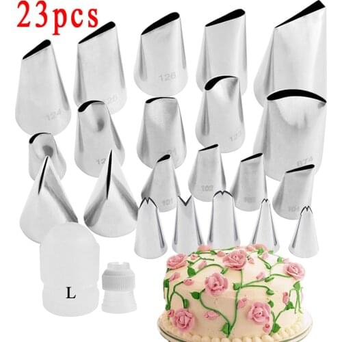23PCS Rose Leaf Kitchen Accessories Icing Piping Cream Pastry Tips 21 Stainless Steel Nozzle Set DIY Cake Decorating Tips Set