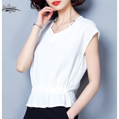 Solid Chiffon Blouse Women 2020 Summer New Short Sleeve V-neck Fashion Large Size Elegant Waist Hugging Slim Ladys Tops 9042 50