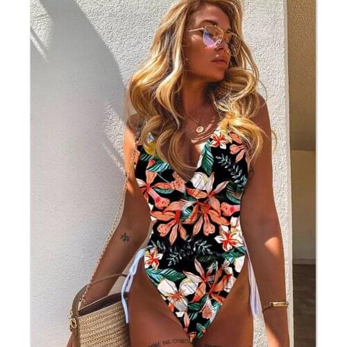 Lemon Print One Piece Swimsuit Women Thong Deep V-Neck Monokini Bandage Swimwear Female Vintage Bathing Suit Swim Suit 2021