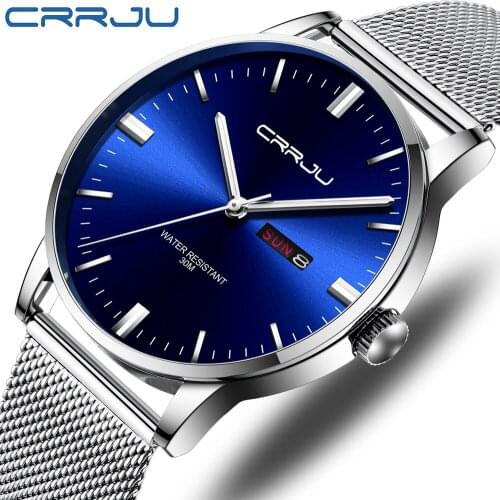 CRRJU Sports Male Luminous Quartz Watch For Men Mesh Steel Waterproof 2020 Gift Date Simple Design Clock