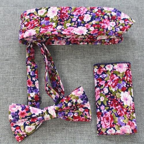 Ricnais 3PCS 6cm Slim Cotton Tie Set For Men Floral Print Bowtie Handkerchief Necktie Pocket Square Sets Suit Wedding Bow Ties