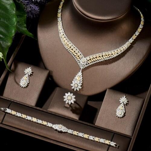 HIBRIDE Luxury 2 Tone Mixed Women Nigerian Wedding Naija Bride Cubic Zirconia Necklace Dubai 4PCS Jewelry Set Bijoux FemmeN-1439