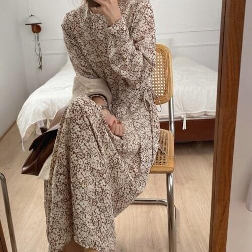 HziriP 2021 New Arrival Spring Autumn Pleated Drawstring Dresses Elegant Vintage Floral Long Sleeve Maxi Dress Women Vestidos