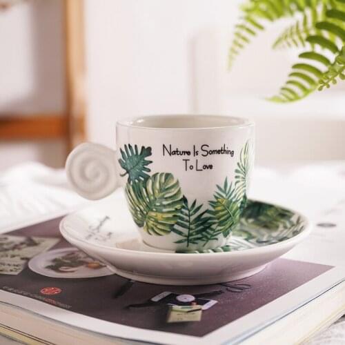 Ceramic Coffee Mugs Cup With Tray Bamboo Leaf Pattern Household Small Cup 90ml Office Water Cup Nordic Style Tea Cup CN(Origin)