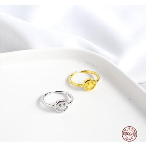LKO Smiley Face Open Rings 925 Sterling Silver For Women Creative Circle Cute Ring Hollow Adjustable Jewelry Party Accessories