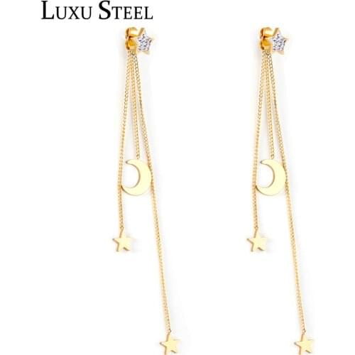 LUXUSTEEL Push Back Star Moon Drop Earrings For Women Trendy Style Gold/Silver Color Stainless Steel No Fade Long Chain Earrings
