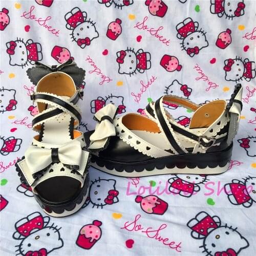 Princess sweet lolita shoes Lolilloliyoyo antaina Japanese design shoes custom flat platform with black and white bow 6603x
