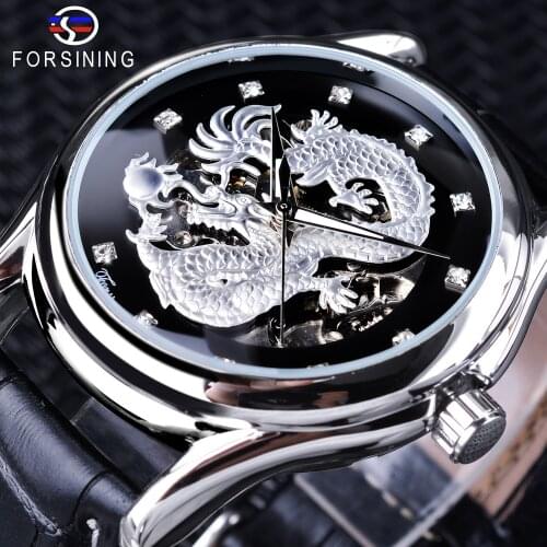Forsining New Silver Dragon Diamond Design Luminous Hands Waterproof Mens Automatic Skeleton Watches Black Genuine Leather Belt