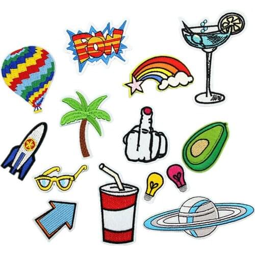 PGY Cartoon Embroidered Patches Iron On Stickers Rainbow Avocado Drink Airplane Hot Air Balloon Appliques for Clothes Badges