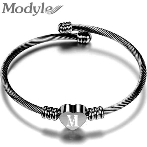 Modyle New Black Stainless Steel Charm Bracelets Bangles for Men Women Punk Vintage Heart Shaped Letter Bracelet Male Jewelry