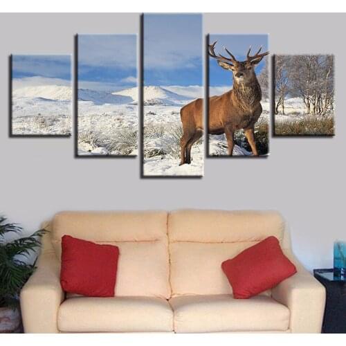 Deer on the snow mountain 5 pcs Modern Home Wall Decor Canvas Picture Art HD Print Painting On Canvas for Living Room
