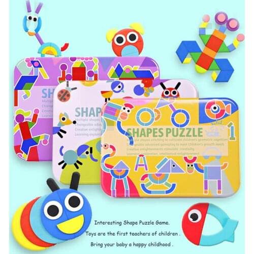 Wooden Cartoon Pattern Animal Tangram Puzzles English Card Shape Recognition Education Baby Developmental Toy