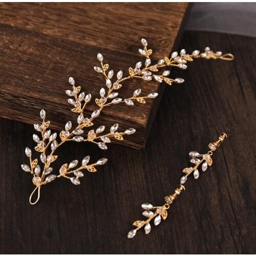 Vintage New Gold Color Headbands With Earrings Sets Wedding Hair Jewelry Crystal Leaf Plate Hairbands Wedding Bridal Headpiece