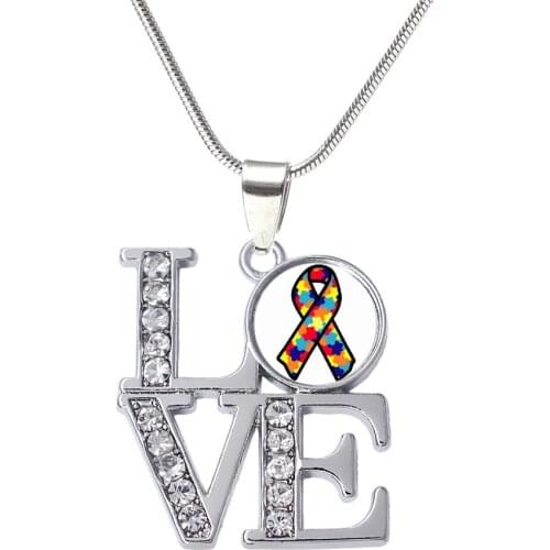 Clear Rhinestone Caring Raise Awareness Ribbon Puzzle Piece Autism Love Pendants Snake Chain Necklace For Autistic Jewelry Gifts