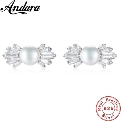 Romantic Pearl Stud Earrings For Women Silver CZ Crystal Earrings Wedding Fashion Sterling-Silver-Jewelry