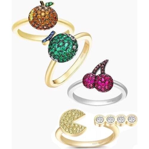 SOELLE Lovely 925 Sterling Silver Colorful Micro Cubic Zirconia Cherry Orange Melon Fruit Finger Ring Women Girl Fashion Jewelry