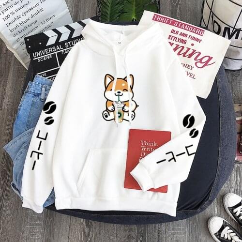 Cute Drinking Coffee Dog Print Hoodies Shiba Inu Fleece Hooded Pullover Sweatshirts Harajuku Lady Autumn Winter Tops 4XL