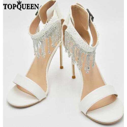 TOPQUEEN-A22 Anklets Sandals Open Toe Bridal Wedding Shoes Fashion Tassel Rhinestone High Heels Party Evening Dress Pinkage