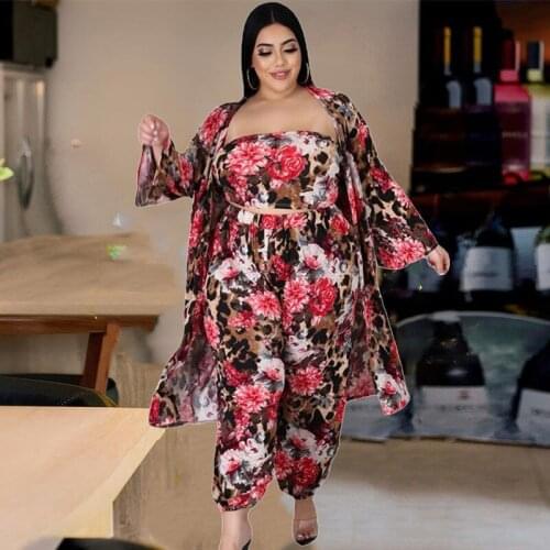 Plus Size Women Clothing Three Piece Floral Sets Vest Long Sleeve Coat and Pants Sets Fall Sexy Outfits Dropshipping Wholesale