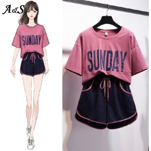 Anbenser Women Casual Pijama Two Piece Fashion SUNDAY Print Short Set Sweet Short Sleeve Womens T-shirt Drawstring Shorts