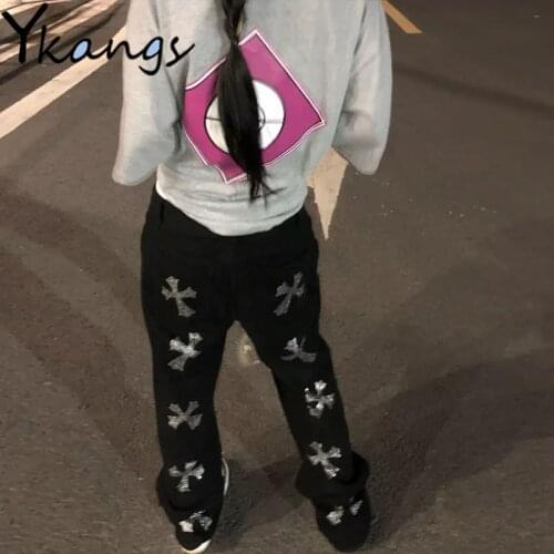 Women Korean Harajuku Y2k Print Sports Punk Black Pants Streetwear High Waist Aesthetic Vintage Loose Sweatpants Trousers Female