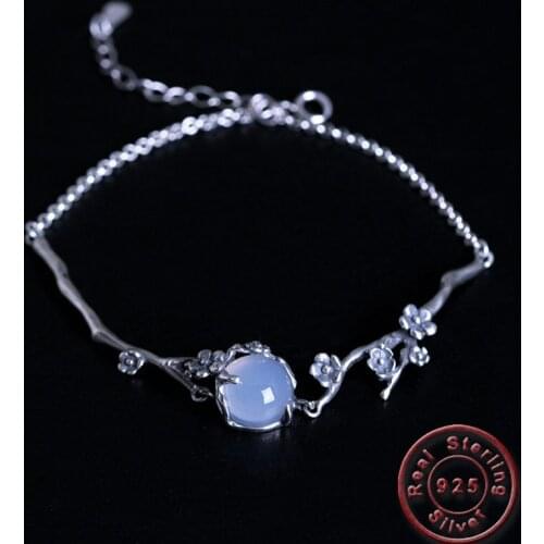Amxiu Handmade 925 Sterling Silver Bracelets Natural Stone Plum Flower Jewelry Bracelet for Women Girls Birthday Gift Bijoux