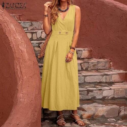 ZANZEA Women Summer Sundress Elegant V Neck Sleeveless Solid Long Dress Fashion Beach Party Vestido Robe Femme Sarafans Kaftan