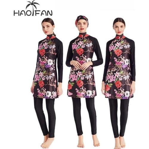 Hao Fan Muslim Swimwear Women Plus Size Burkinis Islamic Hijab Islam Arab Beach Wear Patchwork Muslim Full Coverage Swimsuits