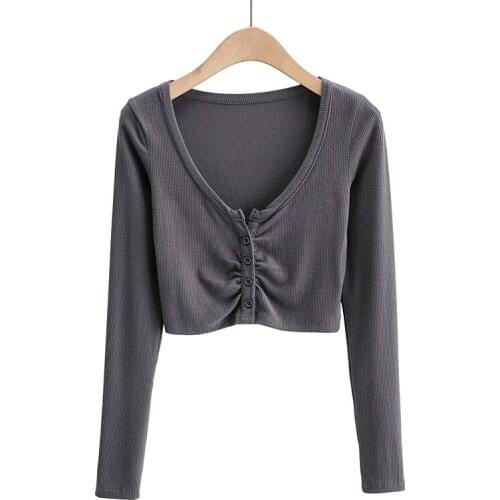 2021 Summer long sleeve top women vintage white crop top t shirts casual v neck t shirt sexy button up shirts for women ruched