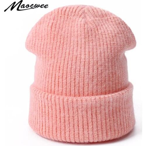 Winter Soild Color Knitted Beanie Hat For Female Outdoor Warm Hedging Thick Rabbit Cap Fashion Soft Windproof Bonnet For Women
