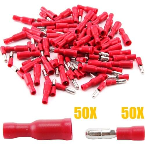 100pcs Red Insulated Crimp Terminals Connectors 50 Female + 50 Male For Audio Wires Electrical Wiring Cable Plug
