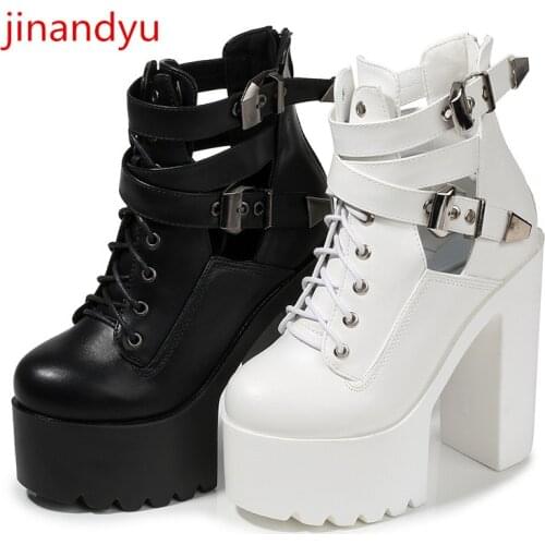 14cm Chunky Heels Platform Boots Women Shoes High Heels Platforms Cowboy Boots Sexy Female Shoes Black White Heels Punk Shoes