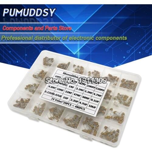 24values*20PCS =480PCS Monolithic Ceramic Capacitor 10pF~10uF,ceramic capacitor Assorted Kit + BOX
