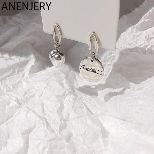 ANENJERY 925 Sterling Silver Circular Love Heart Asymmetric Drop Earrings Thai Silver Earrings For Women Party Jewelry S-E1162