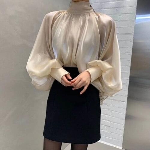 Elegant Style Blouse Women Hot Sale All-Match Solid Color Blouse Spring 2021High-Neck Back Lace-Up Temperament Exaggerated Shirt