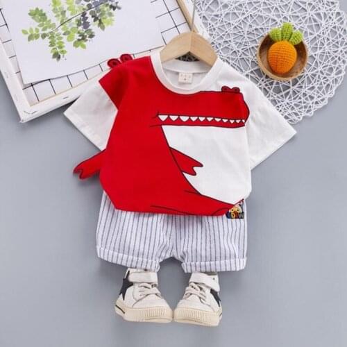 Children Summer Leisure Suit Baby Boy Dinosaur Round Neck T-Shirt Top + Striped Shorts Set Girl Vitality Clothing Outfit 2PCS