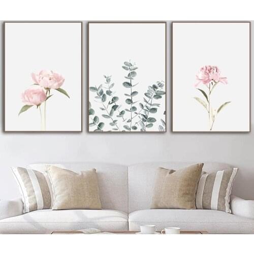 Pink Peony Flower Wall Art Canvas Painting Nordic Minimalism Poster And Print Eucalyptus Wall Picture For Living Room Home Decor