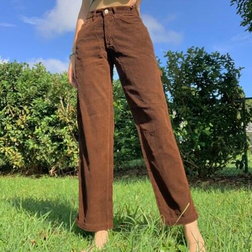 Brown Corduroy High Waist Straight Pants E-Girl Striped Women Skinny Fashion Y2K Streetwear Elegant Spring Autumn Long Trousers