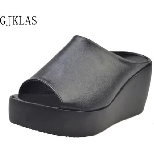 Summer Wedges Leather Shoes Woman Slippers Platforms High Heels Plus Size Women Beach Slippers Casual White Black Wedge Sandals