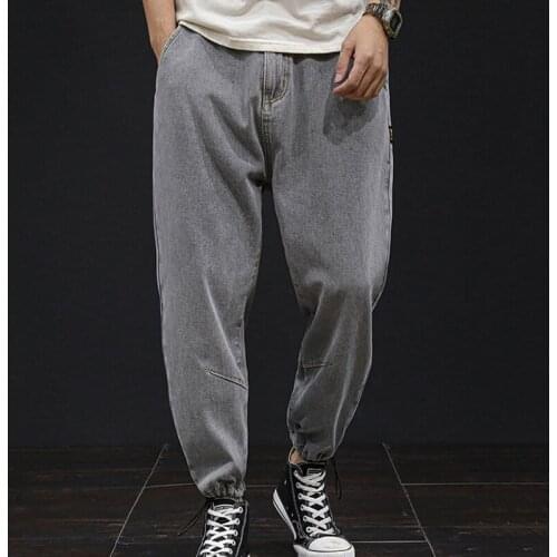 Mens loose pants loose jeans add fat to increase mens trendy spring mens pants nine-point pants gray