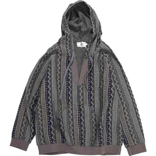 Mens Striped Hooded Cardigan Hoodie Coat V Neck Pullover Casual Retro Ethnic Style
