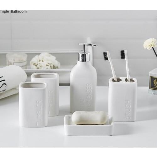 Five Piece Set Nordic Style Pure White Ceramic Soap Dish Toothbrush Holder Gargle Cup Soap Dispenser Bathroom Accessories Set