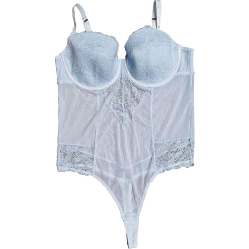 Sky Blue Plus Size Floral Lace See Through Gauze Underwire Open Crotch Sexy Women Bodysuit Teddy Lingerie SLA073