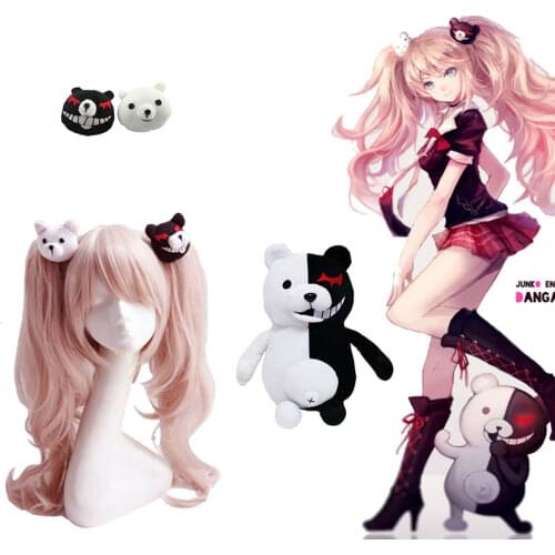Danganronpa Enoshima Junko Cosplay Wig Pink Long Wavy With Ponytail Clip Heat Resistant Cosplay Wig + Bear Hairpins Girl Gift