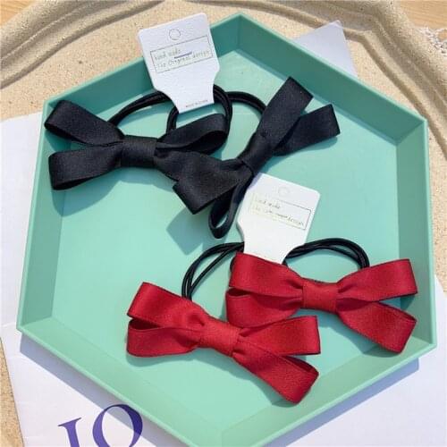 1 Pair Childrens Simple Red and Black Ribbon Fabric Bowknot Hair Rope Rubber Band Headwear Fashion Sweet Girl Hair Accessories