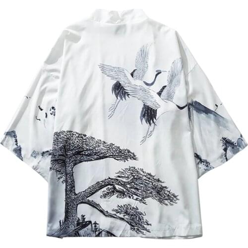 Hip Hop Men Streetwear Shirts Pine Tree Crane Print 2020 Harajuku Kimono Shirt Japanese Summer Autumn Thin Gown Japan Style